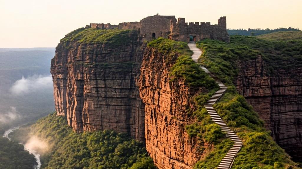Ancient stone fortress ruins of Ximei Village perched atop towering red sandstone cliffs at Danxia Mountain, Guangdong, China, with morning mist and golden hour lighting.