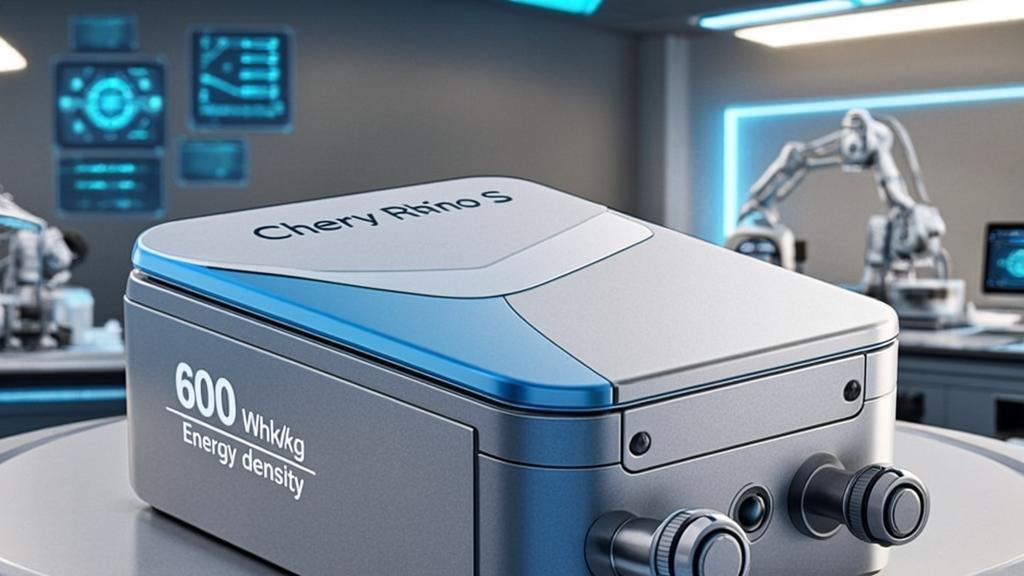 Chery Rhino S solid-state battery cell featuring 600 Wh/kg energy density with sleek silver and blue metallic casing in high-tech laboratory setting, showcasing 2027 EV technology innovation.