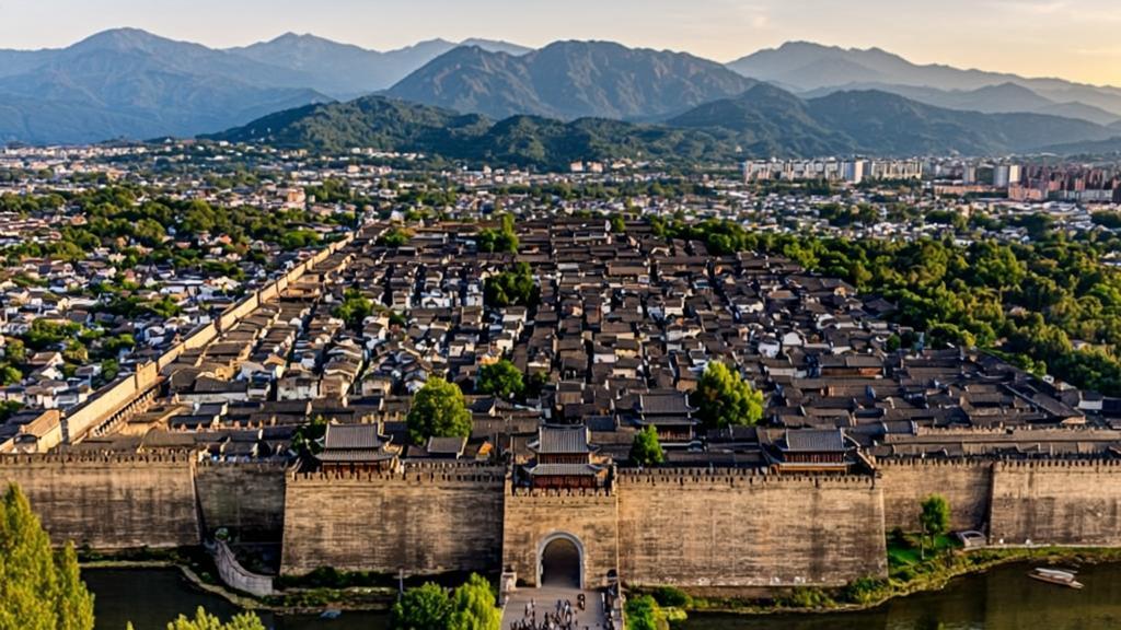 Aerial view of Pingyao Ancient City in Shanxi Province, China, showcasing the UNESCO World Heritage site's unique turtle-shaped Ming Dynasty walls with six gates and traditional courtyard architecture at sunrise.