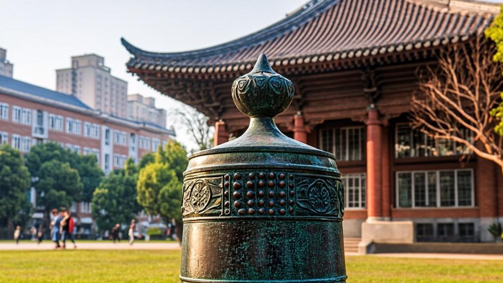 Bronze muduo wooden-tongued bell on university campus with traditional Chinese architecture background, soft morning light, symbolizing education and cultural transmission.