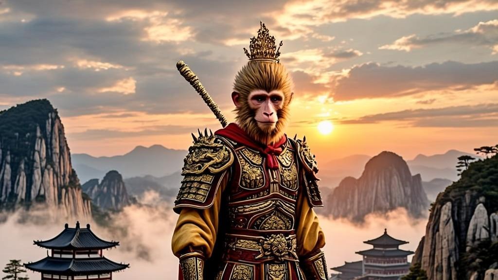 Sun Wukong the Monkey King wearing golden armor and holding his magical staff, standing on a cliff overlooking misty ancient Chinese mountain temples at sunrise with dramatic cinematic lighting in Black Myth Wukong style.