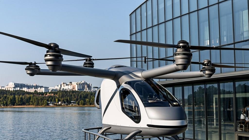 Futuristic white eVTOL flying car with eight rotors approaching a modern university building terrace at Southeast University's Jiulonghu Campus in Nanjing, flying low over the lake on a clear winter morning.