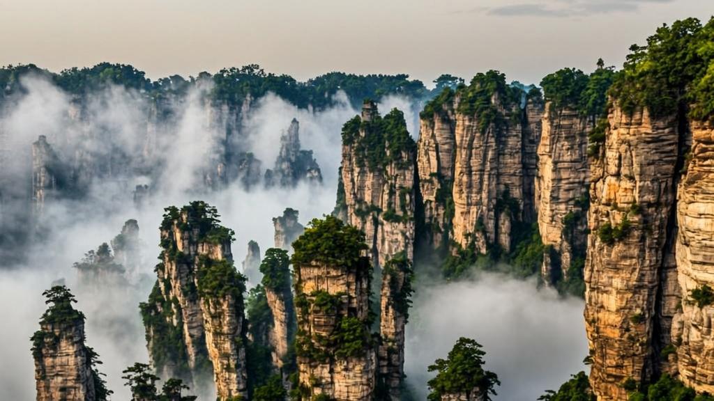 Majestic Wulingyuan quartzite sandstone pillars rising through thick valley mist, creating the iconic floating mountains illusion from Avatar, with lush subtropical vegetation covering the pillar tops in dramatic early morning light, captured in realistic landscape photography style.