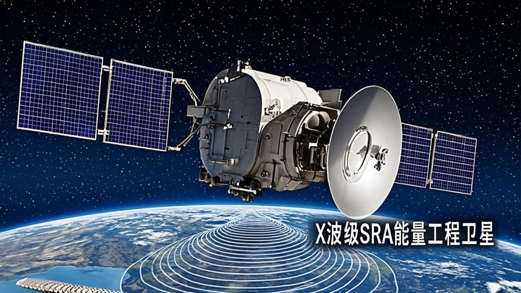China's Dianjian-1 X-band SAR satellite orbiting Earth, emitting radar waves to monitor infrastructure including dams and railways, depicted in technical illustration style with blue and white color scheme against space background.