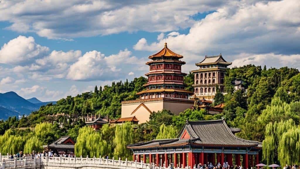 Ancient Chinese architecture at the Summer Palace in Beijing, showcasing traditional pavilions and l.