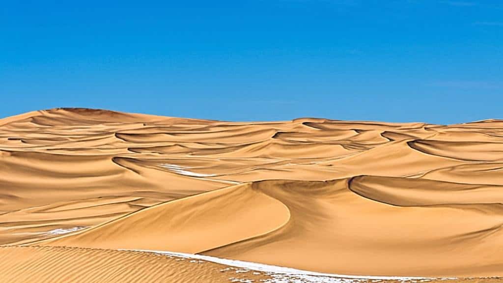 Sand dunes in a vast desert landscape with smooth, flowing shapes and golden hues.