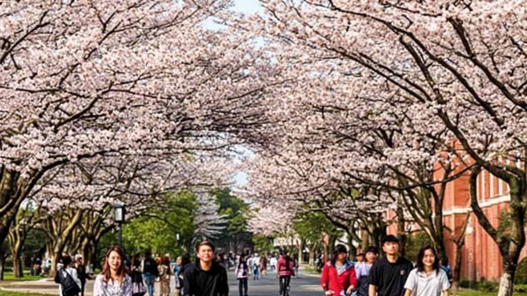 Students walking under blooming cherry blossoms at Huazhong University of Science and Technology.