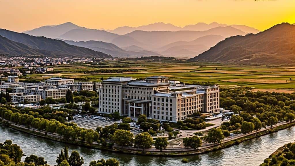 Northwest A&F University campus with scenic river and mountain views at sunset.