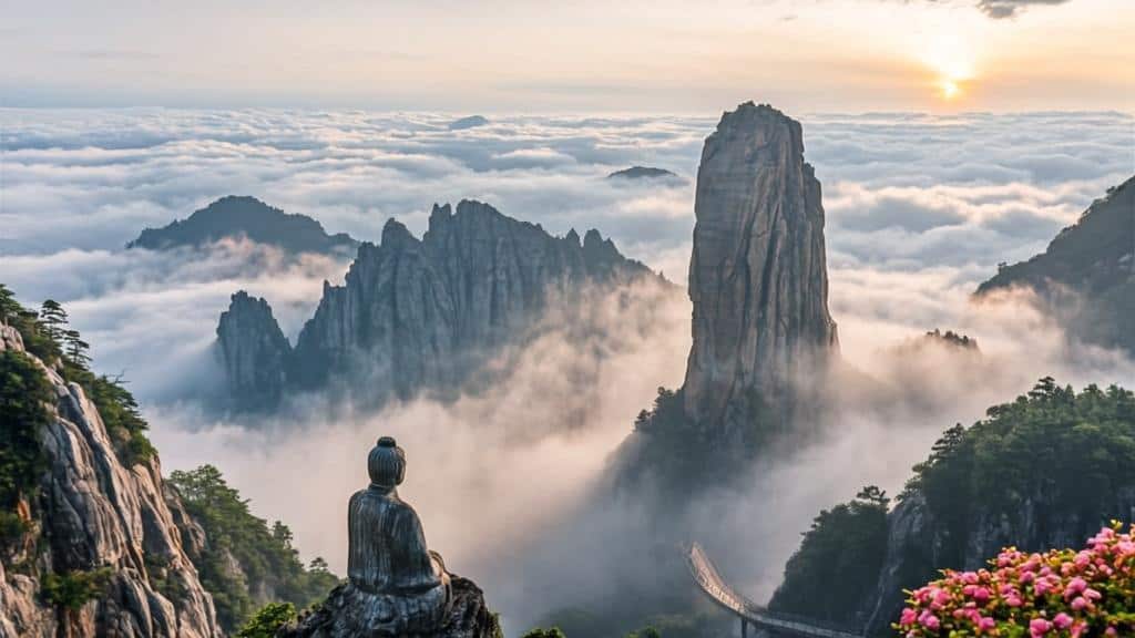 Sanqing Mountain, China, with towering peaks and misty clouds.