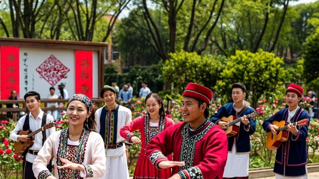 Group of performers in traditional Chinese costumes dancing outdoors at Minzu University.