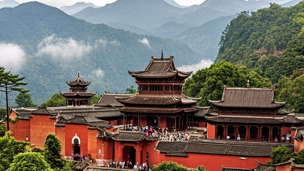 Ancient Chinese temple architecture on Wudang Mountain featuring traditional Ming Dynasty design, ornate wooden structures, and 600 years of Taoist cultural heritage amidst misty mountain peaks.