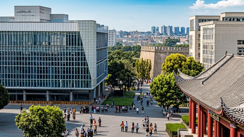 A beautiful view of Xi'an Jiaotong University campus showing modern glass buildings next to traditional Chinese architecture, with international students walking on tree-lined paths and the ancient Xi'an city wall visible in the distance on a bright sunny day.