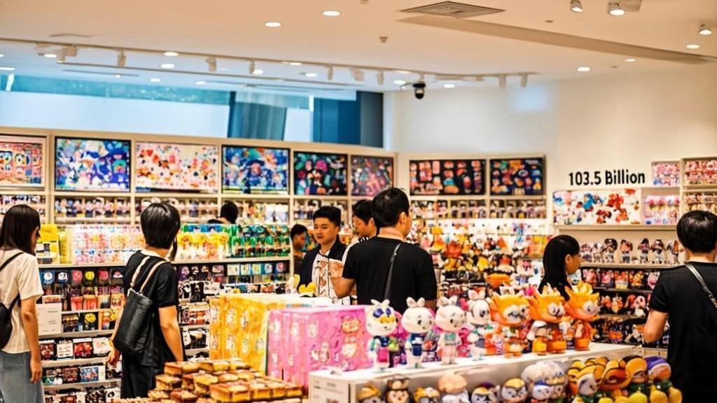 Modern Chinese toy store interior with shelves displaying traditional toys and trendy collectible figures, shoppers browsing products in bright commercial mall lighting.