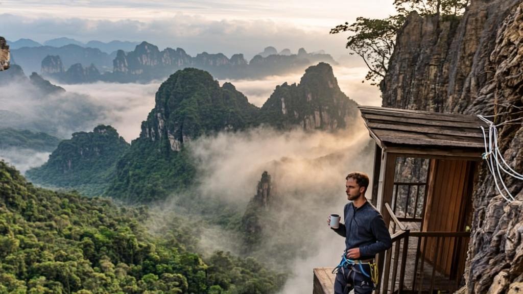 Climber holding coffee cup on wooden café platform 200 meters high on limestone cliff in Libo Karst China, with via ferrata gear overlooking misty green karst peaks and UNESCO World Heritage forest.