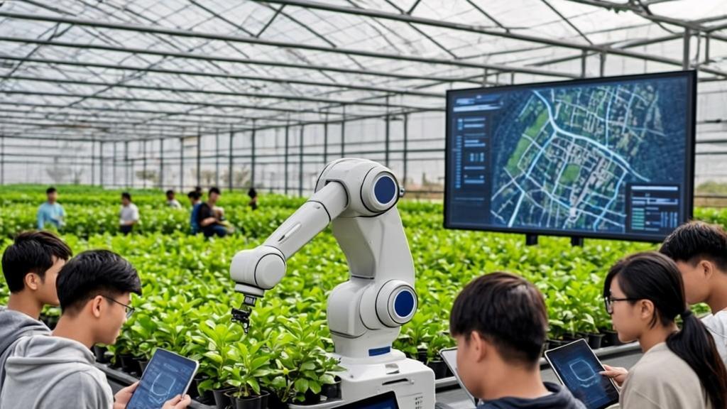Students at China Agricultural University using AI tablets to monitor crops in a modern smart greenhouse with agricultural robots and satellite imagery displays visible in the background, showcasing advanced precision agriculture technology.