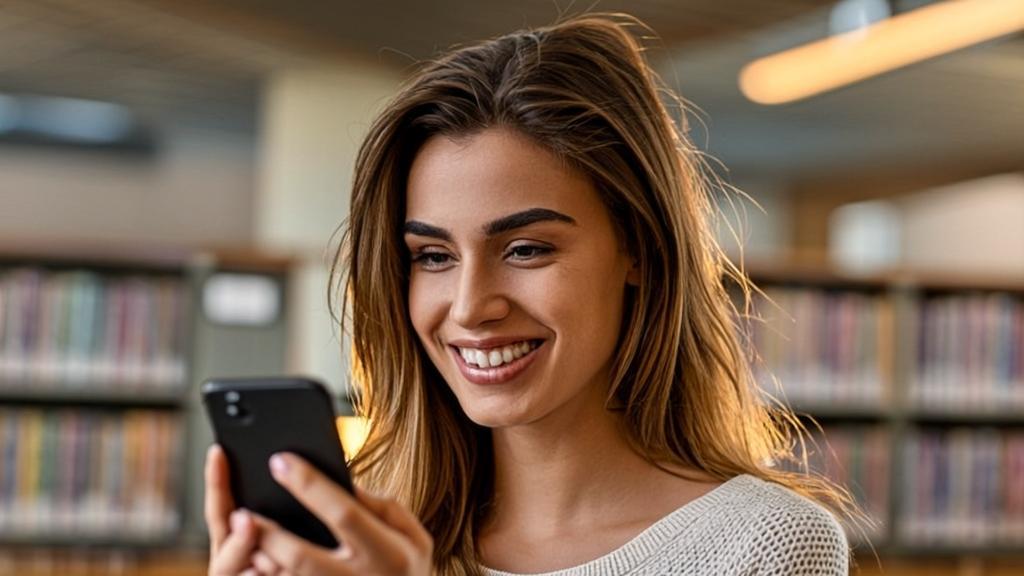 Smiling foreign student browsing TikTok Chinese learning videos on smartphone in casual setting