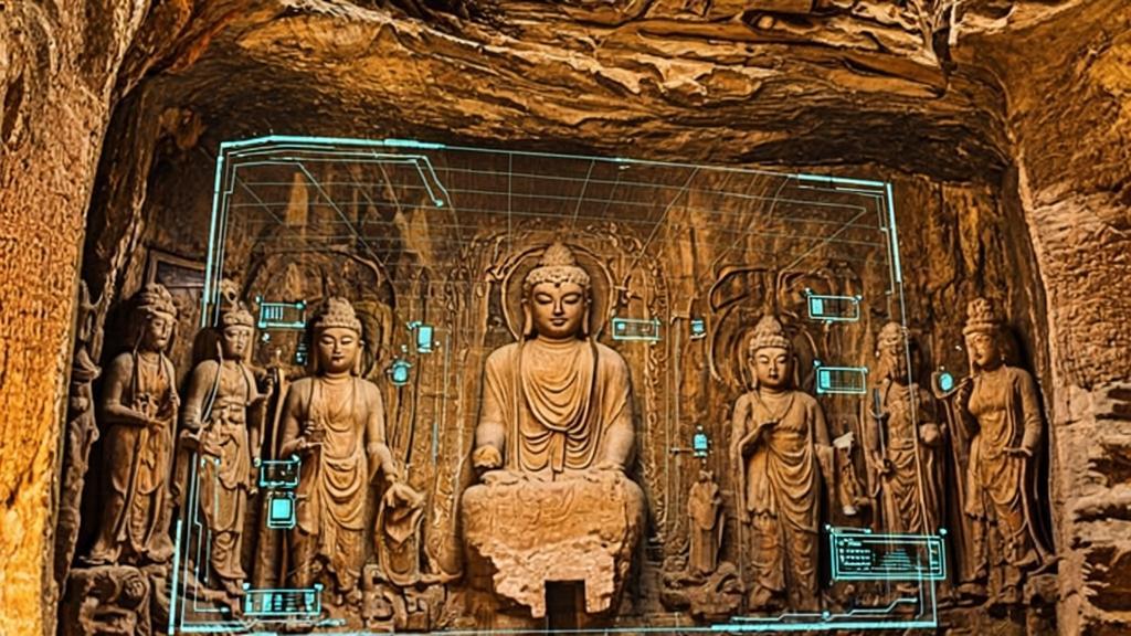Digital reconstruction of Mogao Cave 17 showing ancient Buddhist murals with holographic VR scanning interface overlay, featuring millimeter-precision technology and warm golden ambient lighting.