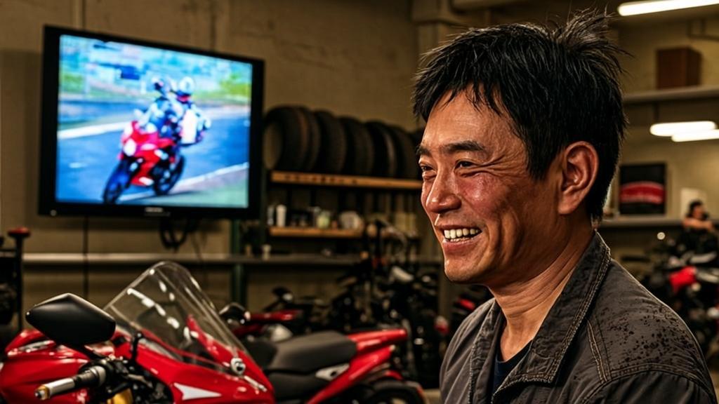 Chinese motorcyclist in his 30s crying tears of joy while watching a motorcycle race on television in a Chongqing workshop, standing beside a red and white ZXMOTO 820RR-RS sportbike, captured with emotional cinematic lighting and photorealistic detail.