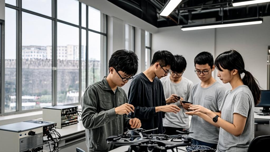 Aerospace engineering students at Northwestern Polytechnical University working on drone prototypes in a modern laboratory with Xi'an ancient city wall visible through windows.
