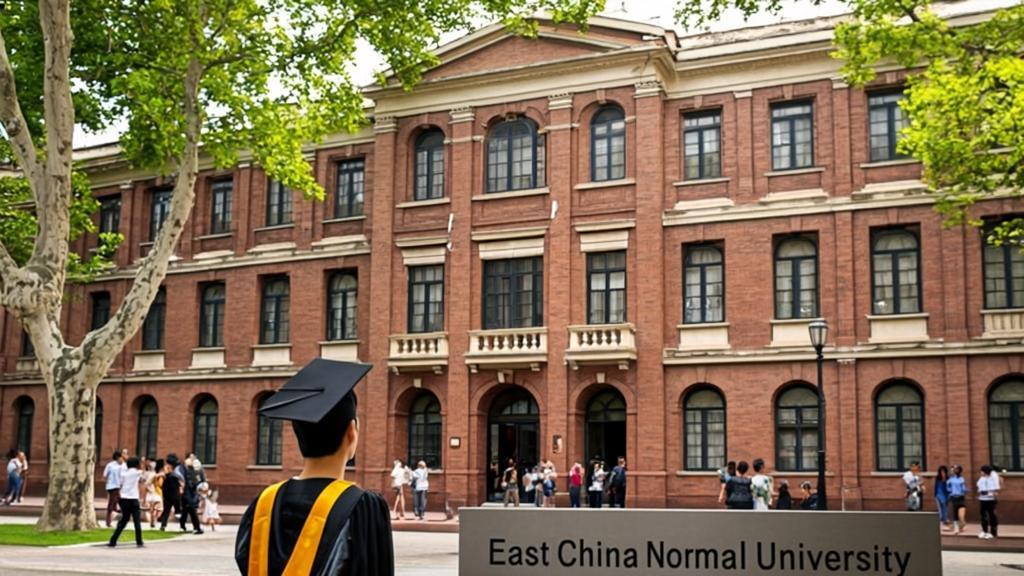 East China Normal University campus building featuring blend of traditional and modern architecture in Shanghai, China.