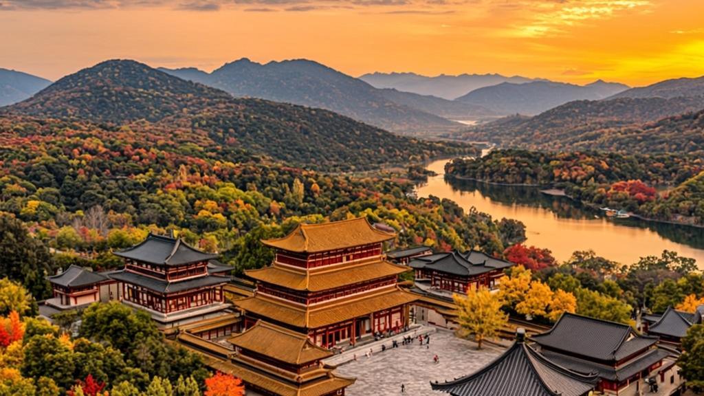 Vibrant October autumn foliage at Chengde Mountain Resort showcasing blazing red and gold forests surrounding traditional imperial Chinese architecture, offering a crowd-free alternative to Kyoto just 52 minutes from Beijing.