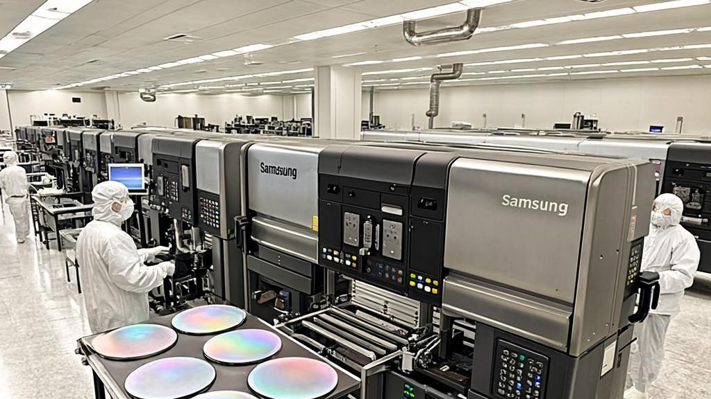 Modern semiconductor clean room facility in China with advanced Samsung and SK Hynix manufacturing equipment producing silicon wafer-based DRAM and NAND memory chips for AI applications