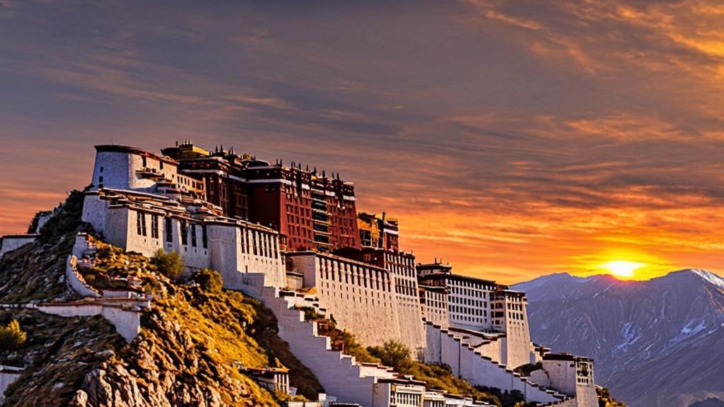 Potala Palace illuminated by golden hour sunlight on Red Hill in Lhasa, Tibet, showcasing traditional Tibetan architecture with distinctive red and white walls against dramatic Himalayan mountain landscape.