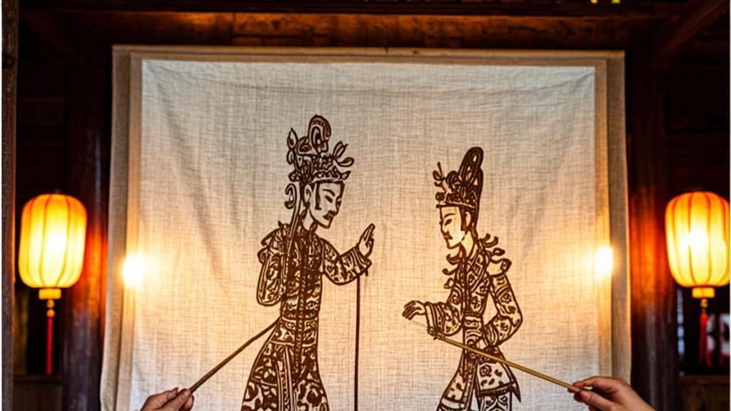 Traditional Chinese shadow puppetry performance with intricately carved leather puppets casting dramatic shadows on a translucent white screen, illuminated by warm amber lantern light, showing puppeteer hands manipulating rods in silhouette against a wooden stage backdrop.