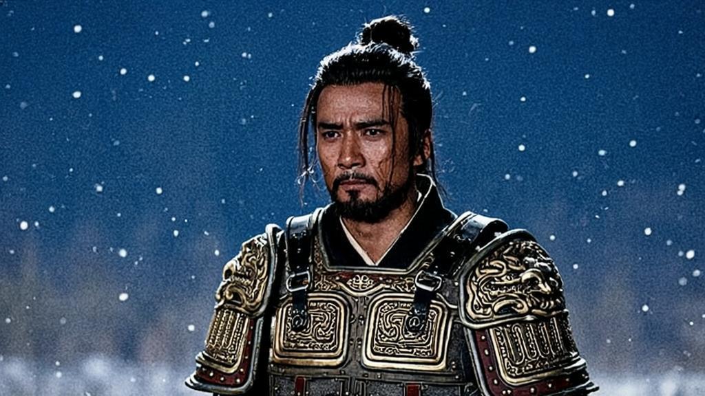 Xiang Yu in Legend of Chu and Han, depicting a muscular ancient Chinese warrior in heavy hand-forged armor standing shirtless in -17°C snow with intense battle expression.