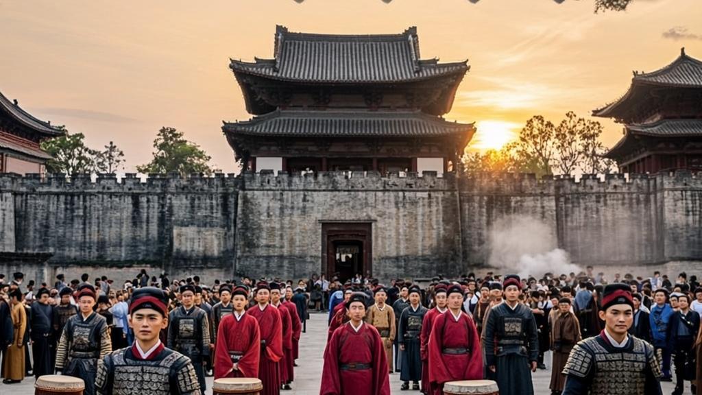 Traditional Chinese imperial ceremony at dawn outside the South Gate of Confucius Temple in Qufu, featuring performers in authentic Tang and Han dynasty ink blue, crimson and gold silk Hanfu robes, ceremonial guards in historical armor playing ancient wooden drums, with crowds gathered against stone city walls and traditional temple architecture enveloped in morning incense smoke