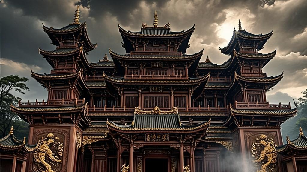 Traditional historical Chinese architecture background featuring ornate wooden temples with curved tile roofs, red pillars, and intricate dougong brackets in ancient Chinese setting