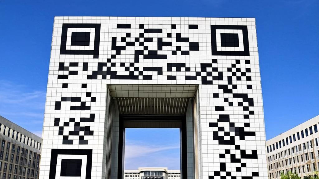 Giant QR code gate at Beijing University of Posts and Telecommunications Shahe Campus, featuring black and white square tiles forming a scannable pattern against clear sky.