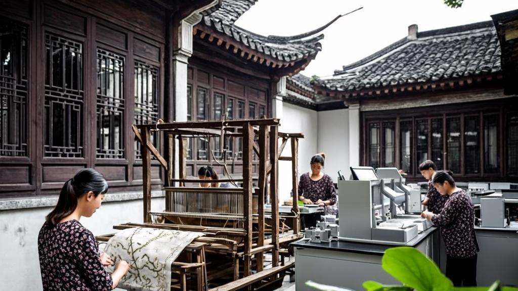 Traditional Chinese silk workshop at Soochow University showcasing Su embroidery artwork with fine silk threads, ancient wooden looms, silkworms on mulberry leaves, and modern textile laboratory equipment, blending ancient silk culture with contemporary education under soft natural lighting.