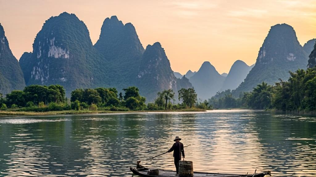 Traditional Chinese fisherman standing on bamboo raft on Li River with misty limestone karst mountains and perfect water reflections at sunrise, Xingping Guilin landscape matching Chinese 20 yuan banknote scenery.
