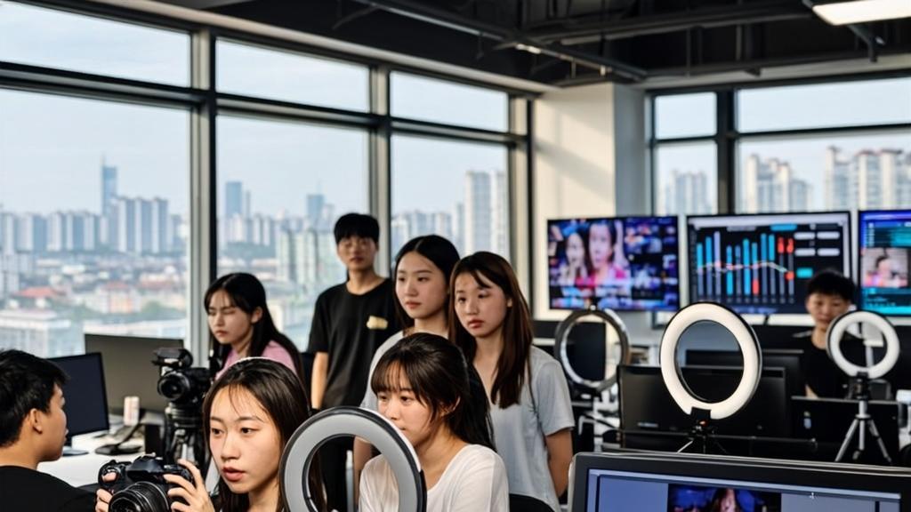 International students filming short videos with professional cameras and ring lights in a modern media lab at Communication University of China, featuring floating AR filters, broadcasting equipment, and Beijing skyline view.