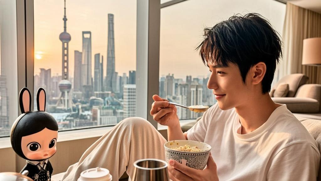 Young Gen Z practicing "Chinamaxxing" lifestyle with congee, hot water thermos, Labubu doll and Luckin Coffee against Shanghai skyline at sunrise