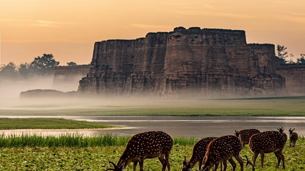 Misty morning at the ancient Liangzhu ruins featuring 5000-year-old earthwork mounds with sika deer grazing in the wetlands during golden hour.
