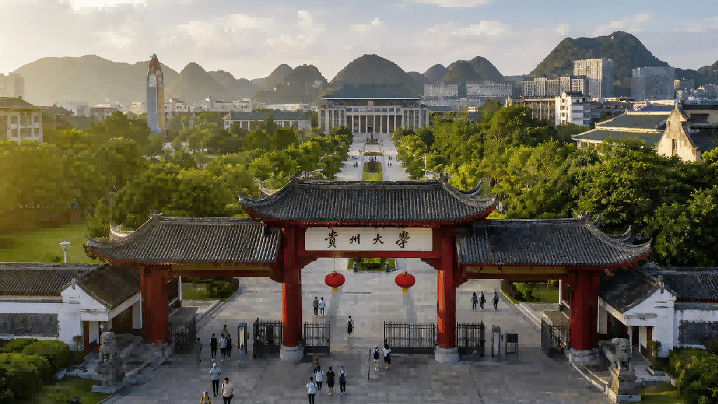 A grand view of Guizhou University campus in Guiyang, China, featuring a traditional Chinese-style main gate, tree-lined boulevard, and karst limestone hills rising in the background.