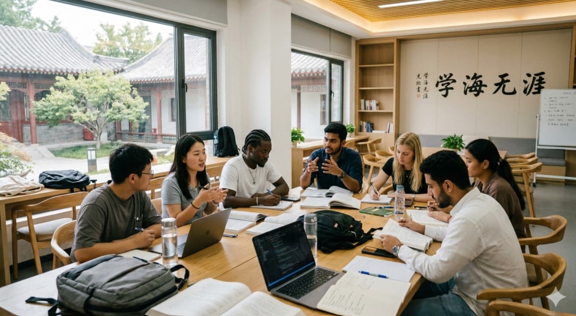 Diverse international students studying together in a modern Chinese university classroom
