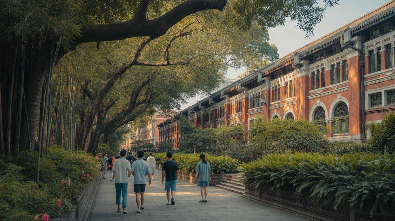 Students walking along a tree-lined pathway at a historic university campus in Guangzhou, China, with traditional red-brick academic buildings and subtropical banyan trees.