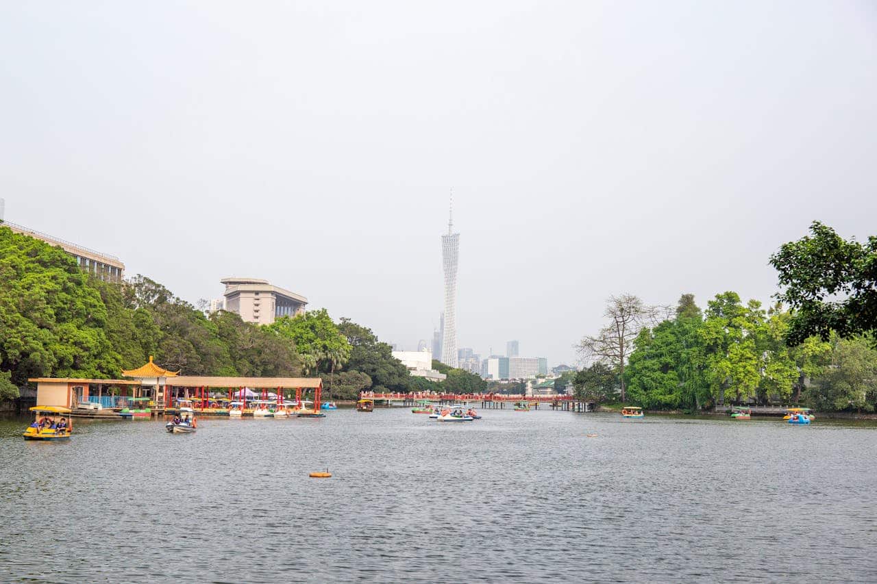 Canton Tower rising above the Pearl River in Guangzhou, China, reflecting the city's blend of modern architecture and waterfront scenery.