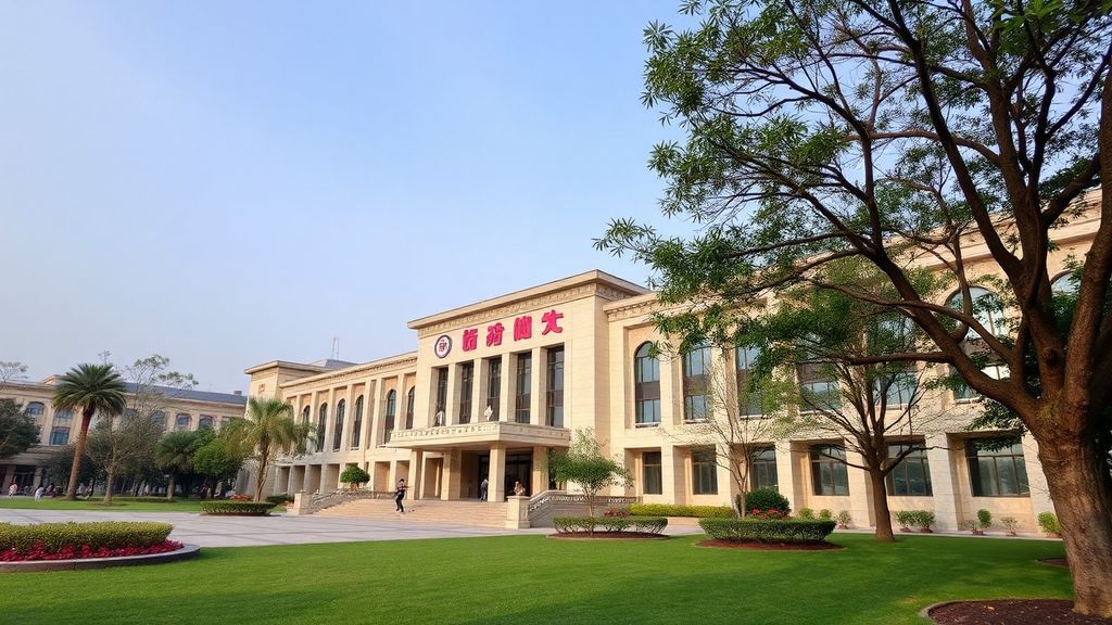 A vibrant view of Nanchang University campus showcasing modern academic buildings harmoniously blended with traditional Chinese architectural elements, as international students stroll along scenic tree-lined pathways with the Nanchang city skyline visible in the background on a bright sunny day.