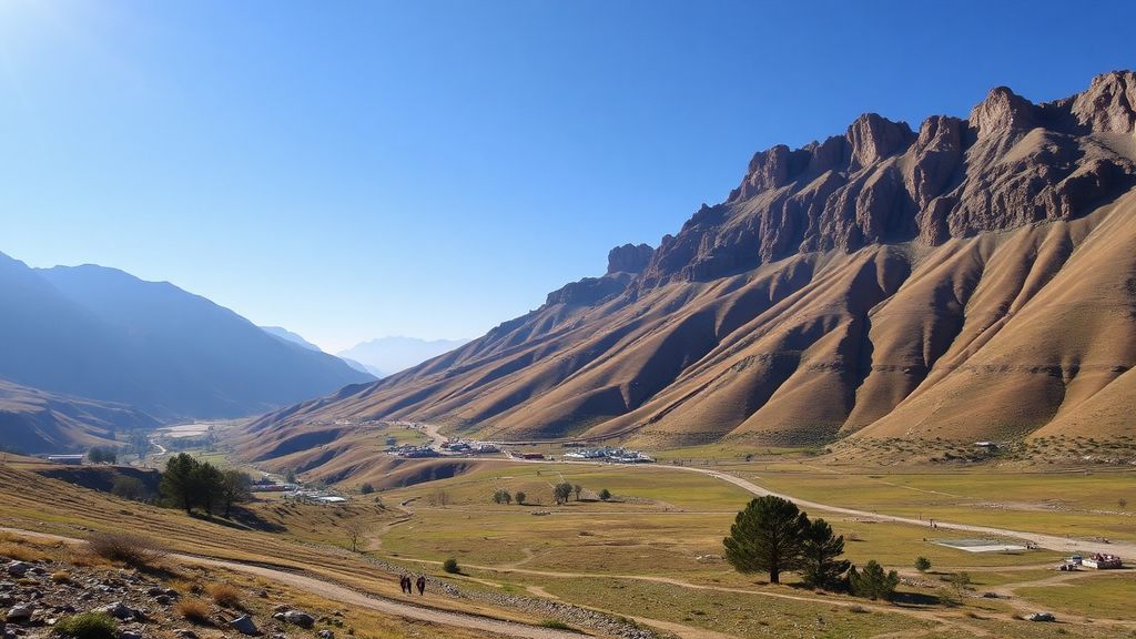 Majestic peaks of Xinjiang Tianshan Mountains under clear blue sky, featuring pristine alpine meadows and dramatic mountain ridges.