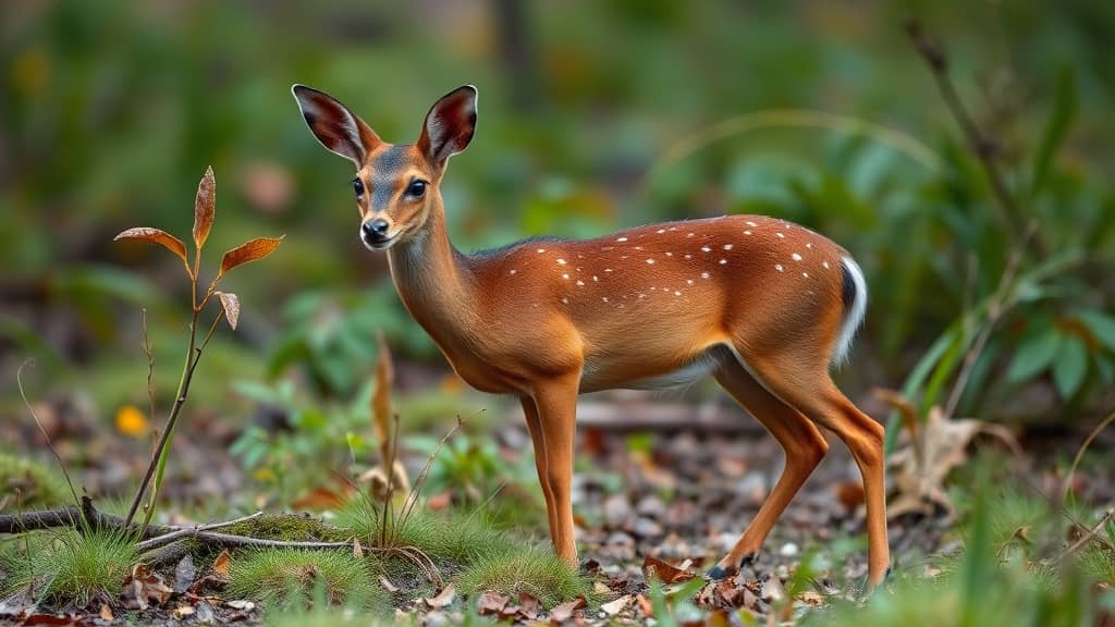 Wild muntjac deer standing alert in natural forest habitat with reddish-brown coat and distinctive facial features.