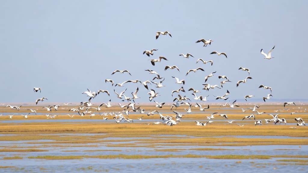 Flocks of migratory birds flying over the Yellow Sea (Bohai) wetland habitat at sunset, showcasing the biodiverse ecosystem of this UNESCO World Heritage site.