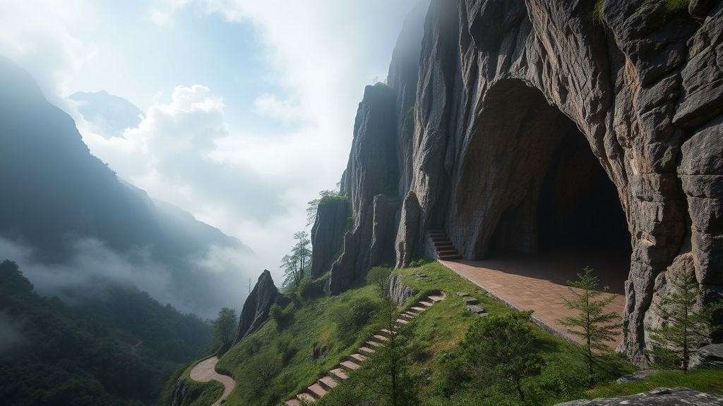 Scenic mountain valley capturing the Midu Echoing phenomenon with layered ridges and ethereal light beams traversing through misty corridors.