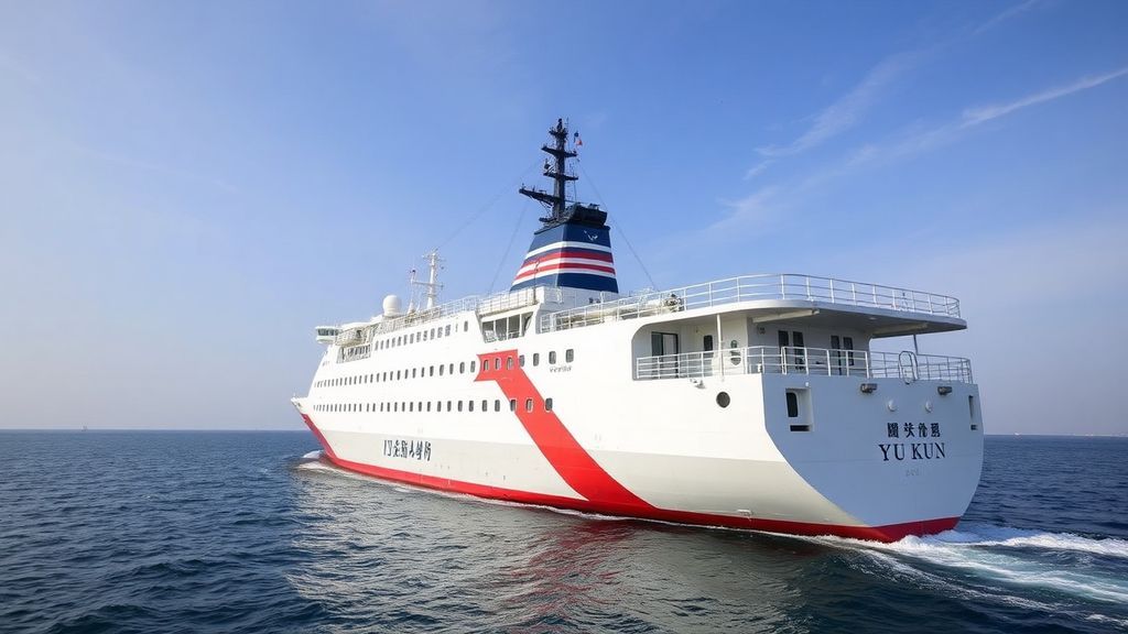 Dalian Maritime University training ship Yu Kun at sea with students on deck