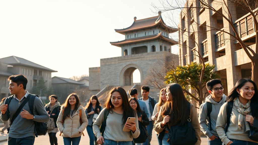Diverse international students walking through a Chinese university campus in Xi'an, with a traditional Tang Dynasty gate tower rising in the background against golden afternoon light.