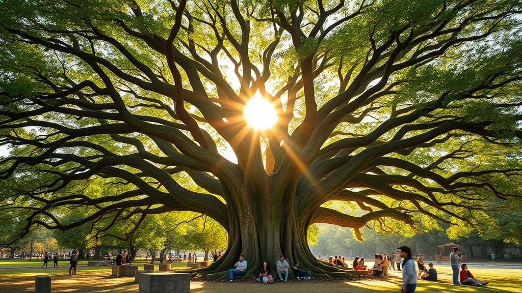 Ancient banyan tree with vast canopy casting shade over visitors in a sunlit East Asian park, showcasing the tree's massive aerial roots and sprawling branches.