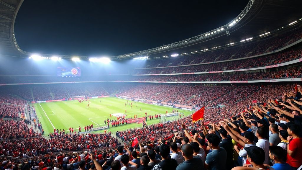 Packed football stadium filled with thousands of cheering fans watching a live soccer match, colorful crowd energy capturing the grassroots football fever of China's Su Super League.